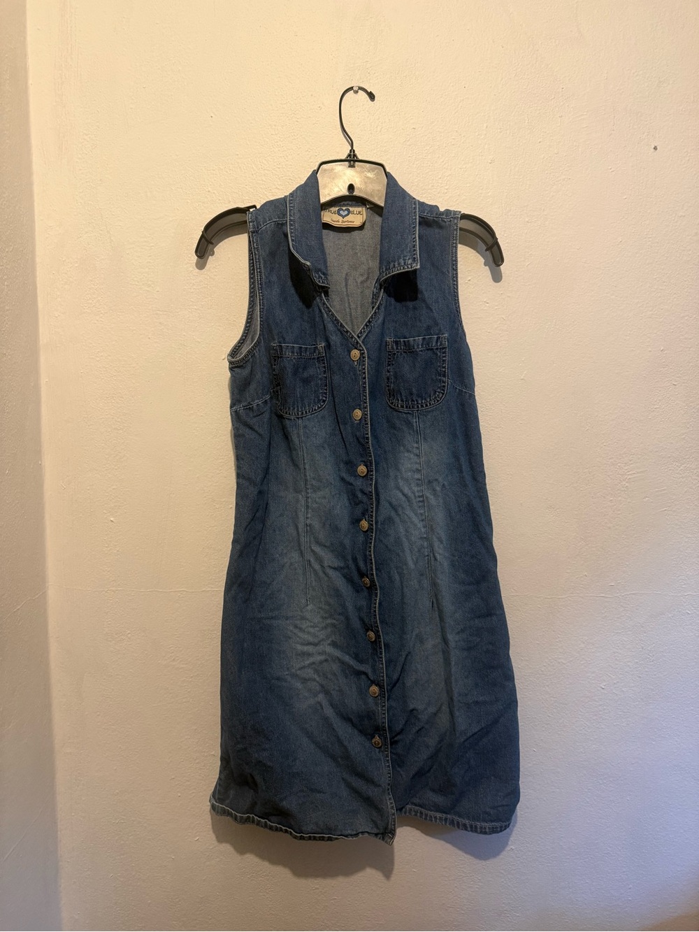 Sleeveless Denim Button-Front Tunic Dress - Blue